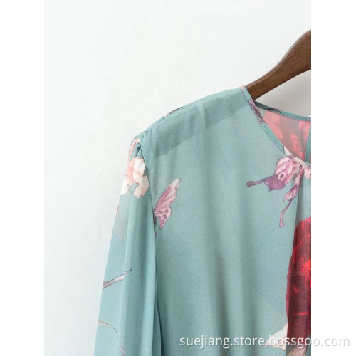 Chiffon Floral Flower Print Vertical Long Sleeve Dress